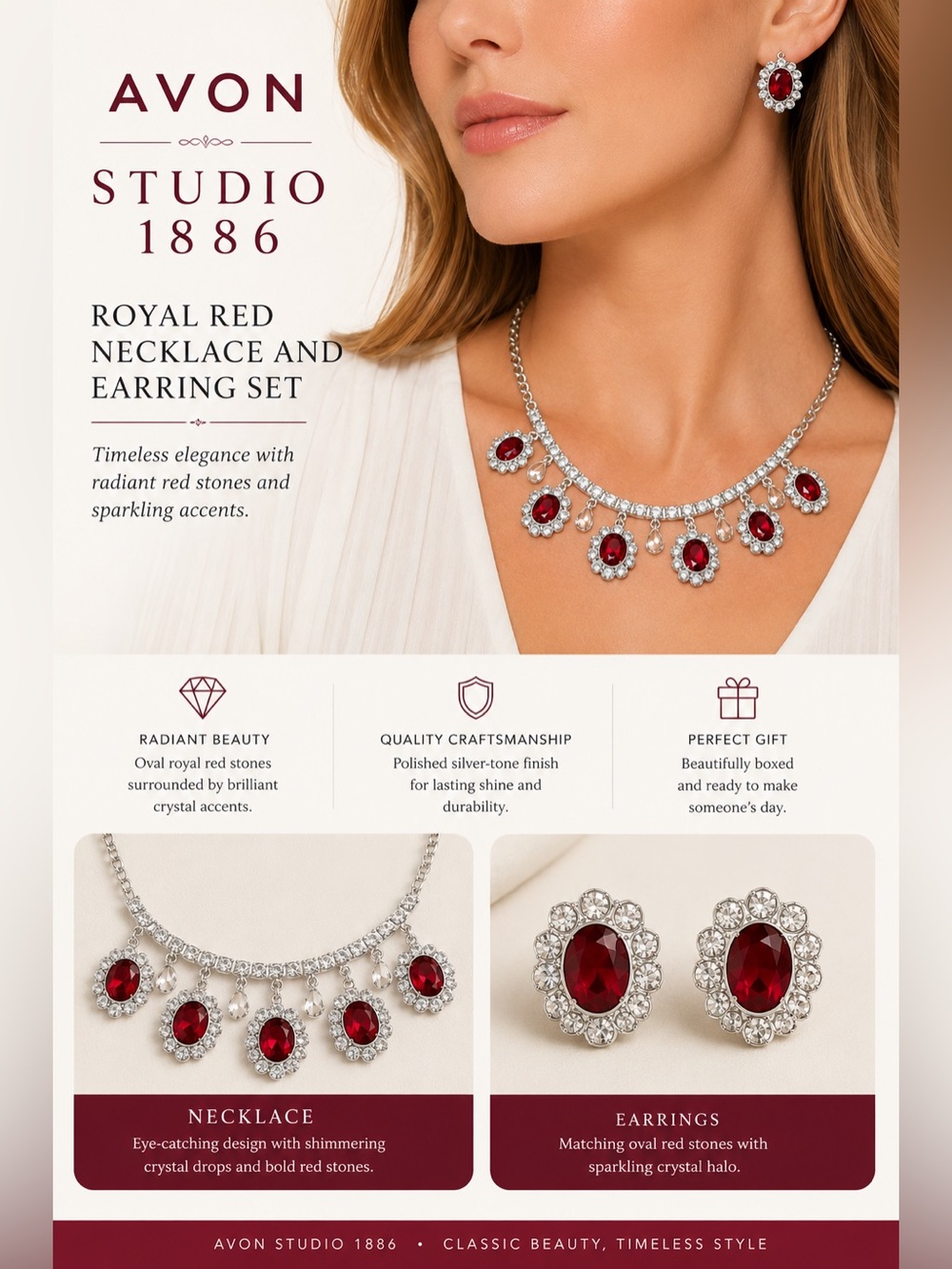 Avon Red and Silver Oval Stone Necklace and Earring Set